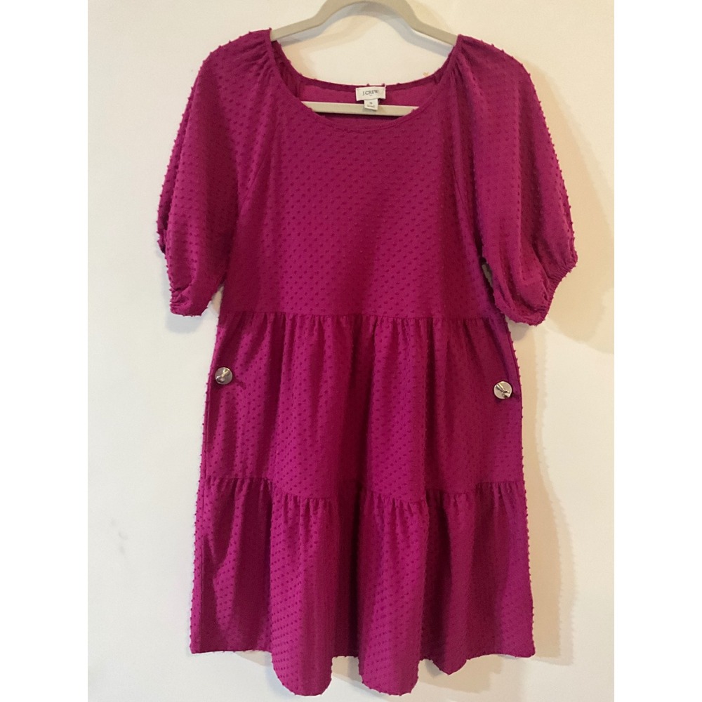 J.Crew Magenta Pink Clip Dot Tiered Puff Sleeve Mini Dress with Pockets Small